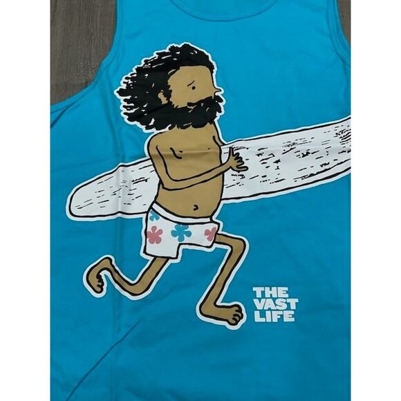 NWT VastLife Mens Yogi Fro Graphic Logo Tee Tank Top Scoop Neck Aqua Blue Size M - Picture 3 of 11
